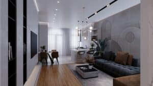 A beautifully staged living room with modern furniture, neutral tones, and natural light.
