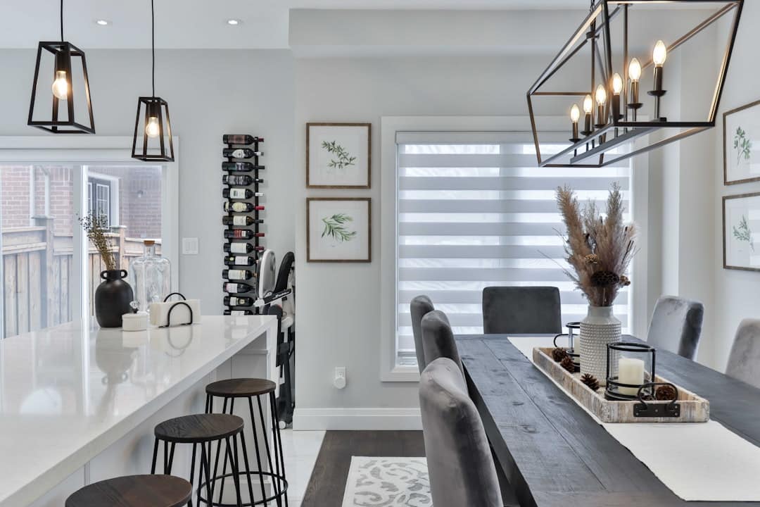 A professional photograph of a contemporary home interior designed for real estate viewing.
