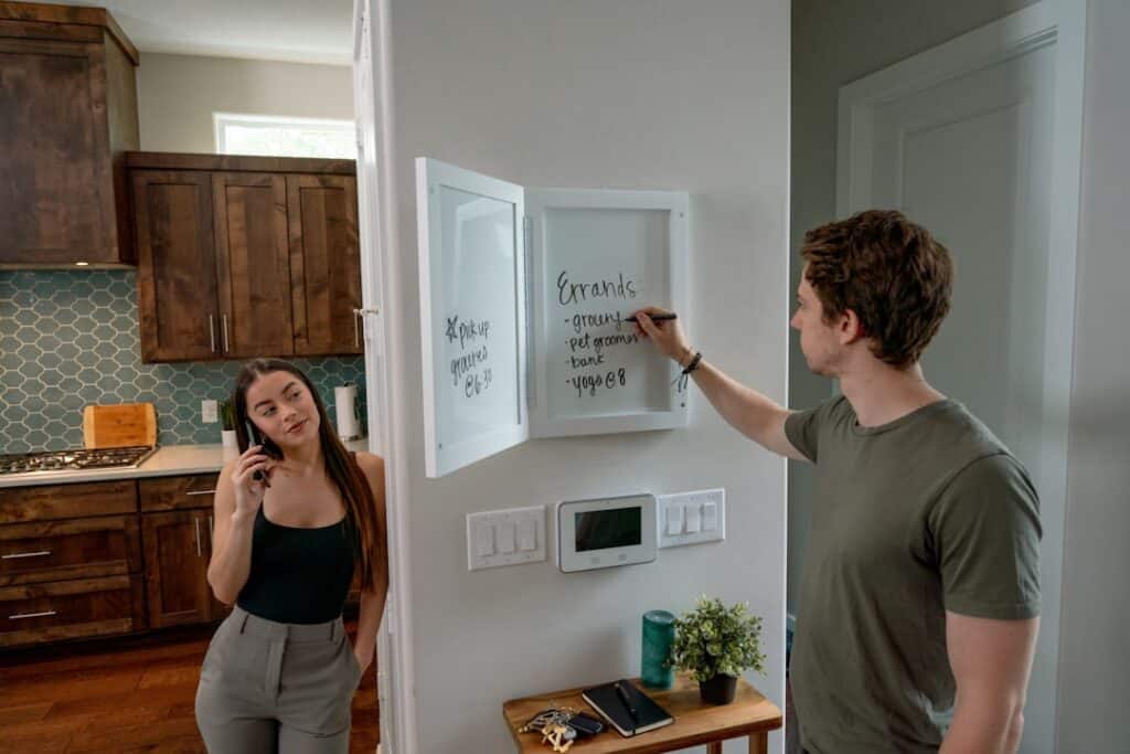 Person in a brightly lit, modern living room casually speaking to a sleek smart speaker on a coffee table.