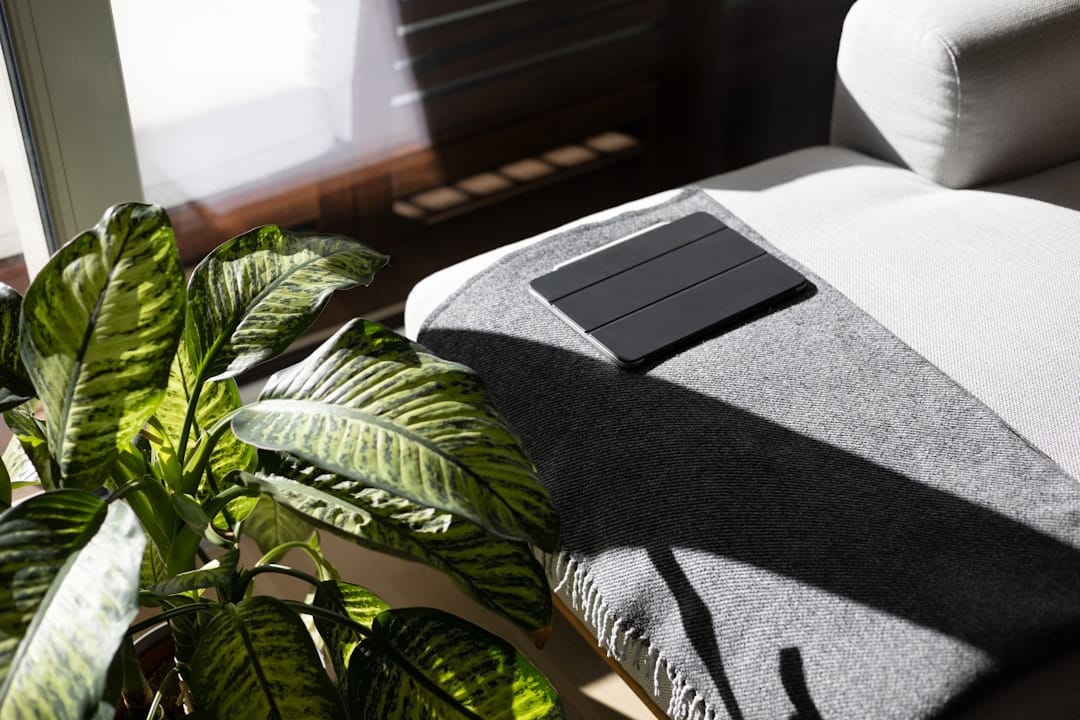 Person sits on a couch in a bright, modern living room, completely immersed while wearing a virtual reality headset and ho...