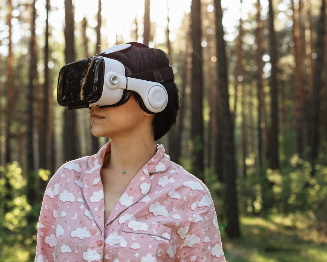 A person wearing a VR headset and exploring a virtual tour of a property, representing the future of technology in real estate for 2026.