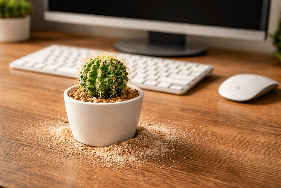 A small green plant in a pot sits on a clean, modern office desk next to a keyboard, symbolizing business growth and investment.