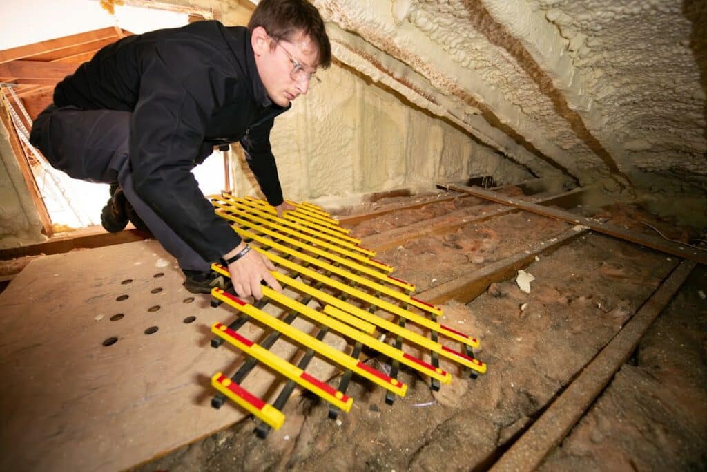 Professional contractor in a protective suit is applying spray foam insulation to the ceiling and walls of a residential a...